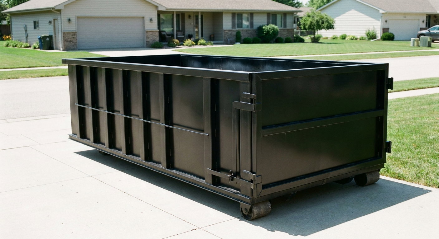 Matte-black 10-yard roll-off dumpster on a residential concrete driveway in Lincoln, uniformly painted matte black across every panel and rail, ribbed steel sidewalls and rear swing door visible, mid-day daylight.