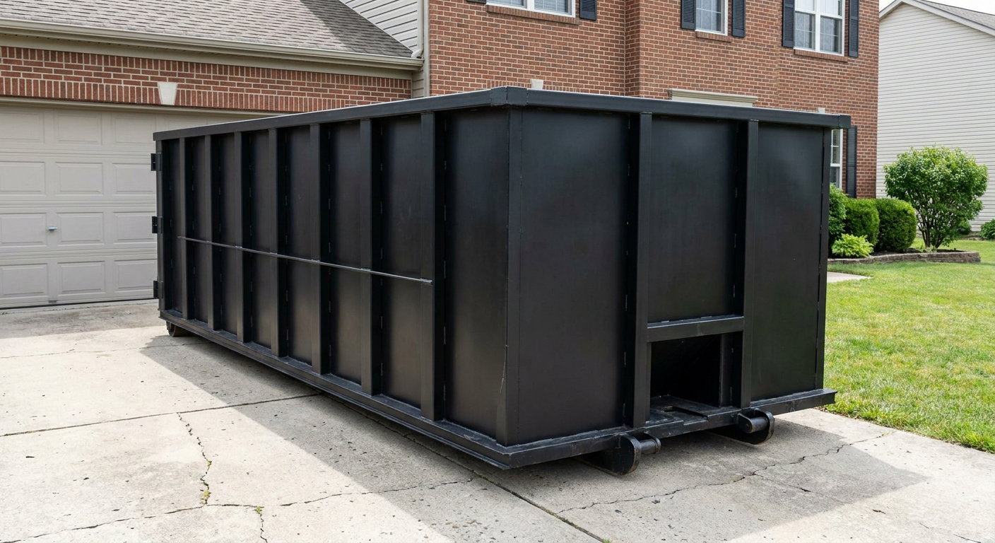 Matte-black 20-yard roll-off container on a Lincoln residential concrete driveway with reinforced ribbed steel sidewalls and a hinged rear walk-in door, clean bright daylight.