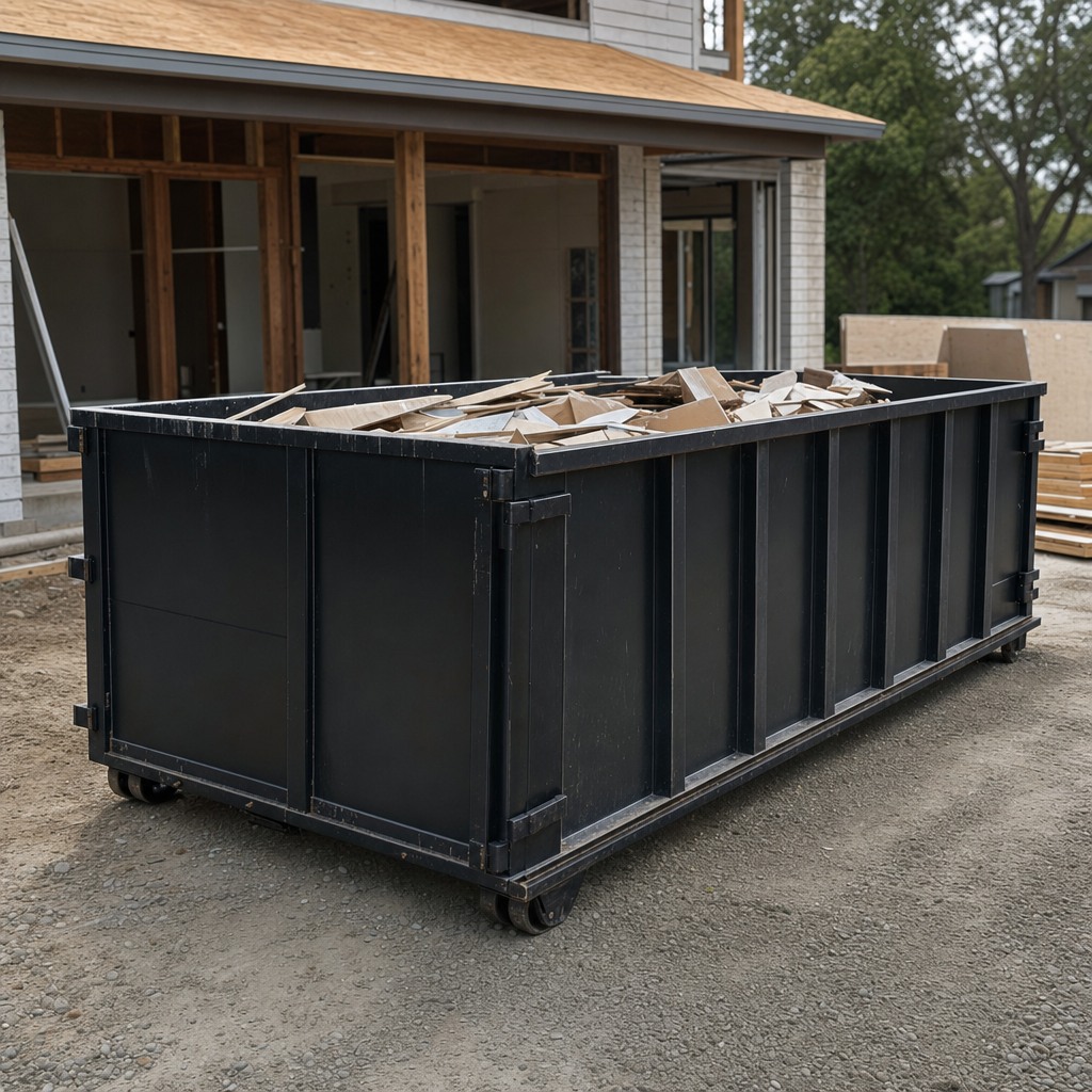 Large matte-black 30-yard construction roll-off dumpster at an active Lincoln jobsite, steel-gray top rails and bottom rollers visible, loaded with construction debris.