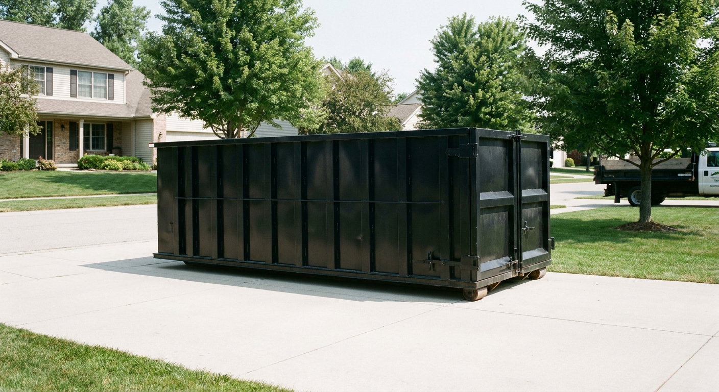 Matte-black 20-yard roll-off dumpster sitting level on a clean Lincoln residential concrete driveway under bright daylight, demonstrating clean placement directly on the concrete.