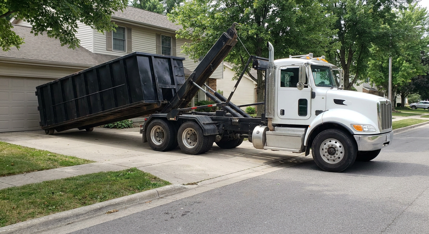 White-cab hooklift roll-off truck actively lowering a matte-black dumpster onto a Lincoln residential concrete driveway, the dumpster's rear wheels touching the driveway as the hoist arm tilts the bed forward, mid-morning daylight.