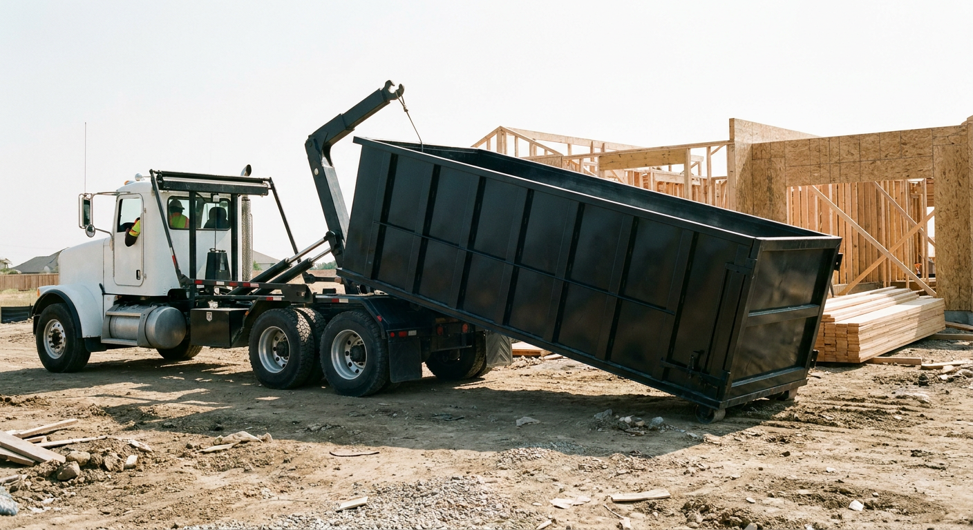 Matte-black roll-off dumpster being delivered onto a clean residential concrete driveway in Lincoln by an unmarked white hooklift hauler truck, bright morning daylight, documentary 35mm perspective.