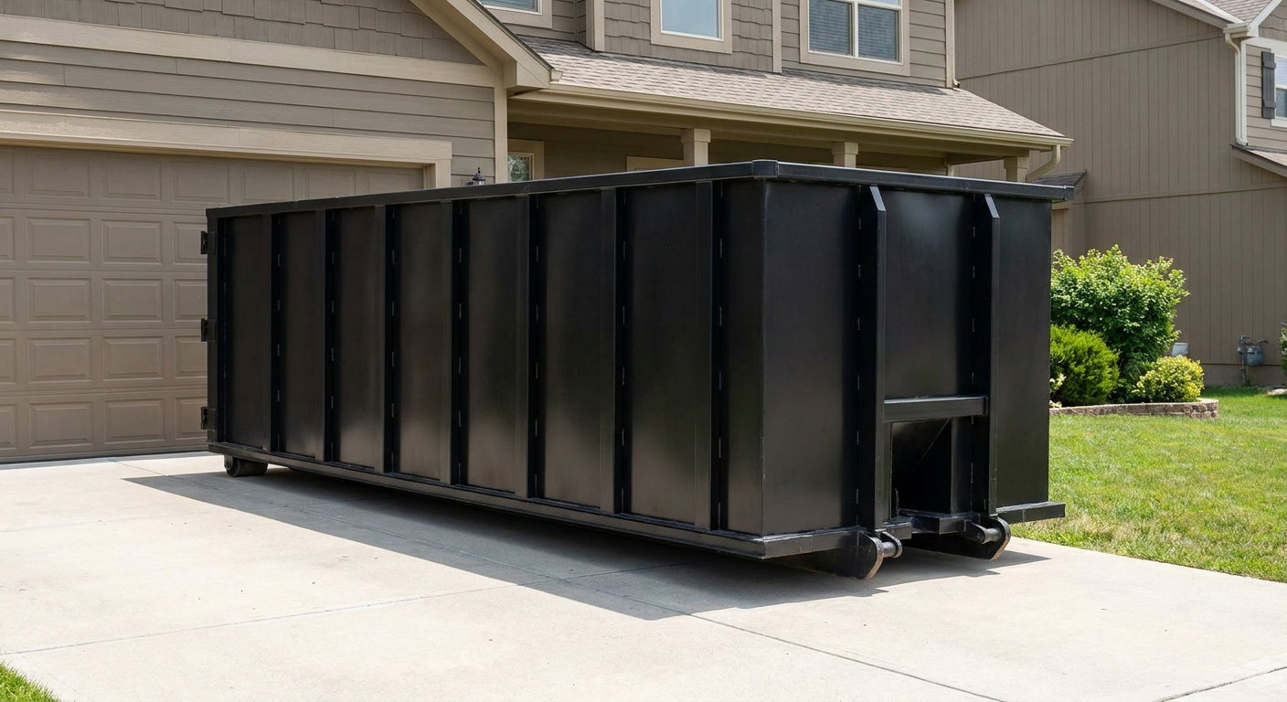 Matte-black residential roll-off dumpster sitting directly on a suburban Lincoln concrete driveway, garage door closed, single-family home in background, bright morning daylight.