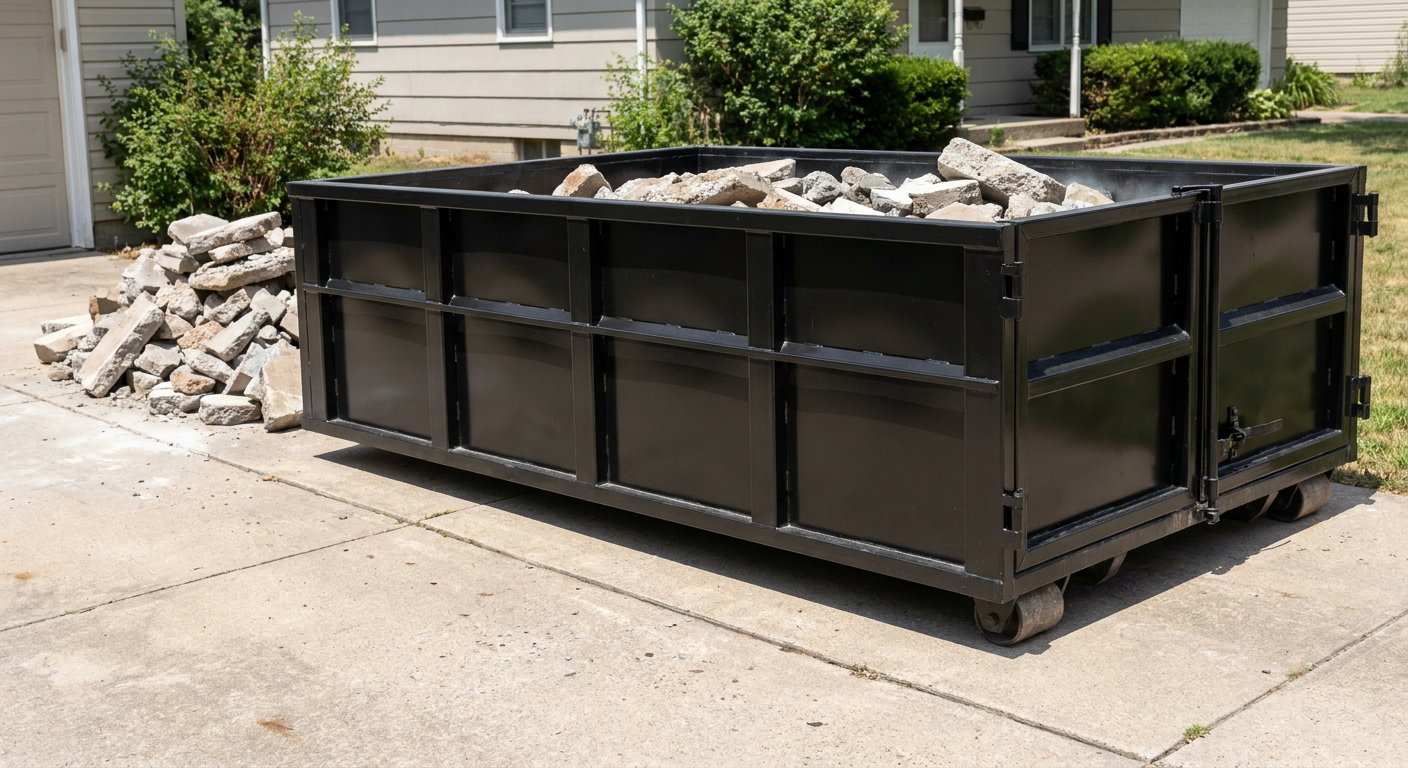 A matte-black low-side heavy-debris roll-off dumpster placed directly on a Lincoln concrete driveway, with broken concrete chunks neatly stacked beside it under clean daylight.